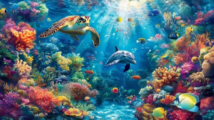 Underwater paradise of coral reefs teeming with marine life with turtles and colorful fish