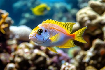 A school of tropical fish swimming through a coral reef, surrounded by colorful coral formations