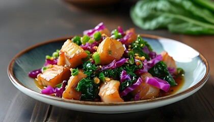 Wall Mural - Stir-fried Minced Pork with Red and Green Cabbage Drizzled in Fish Sauce