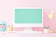 © พรมณี สุขอารมย์ - A vibrant pastel workspace featuring a computer, colorful stationery, and a playful decor for inspiration and creativity.