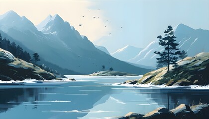 Wall Mural - Tranquil light blue mountain water reflecting serene skies