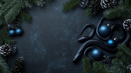 Wall Mural - Festive holiday ornaments in teal and black with evergreen branches.