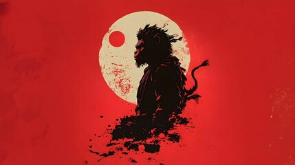 Canvas Print - Silhouette Monkey with Red Background and Moon