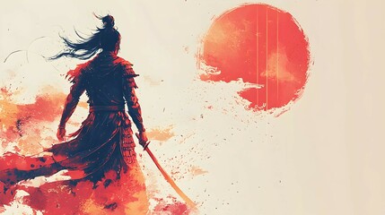 Canvas Print - Samurai Warrior Silhouette with Red Sun and Splashes