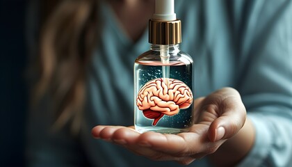 Wall Mural - Exploring the Link Between Mental Health and Skin Care in Psychodermatology with a Brain-Illustrated Serum Bottle