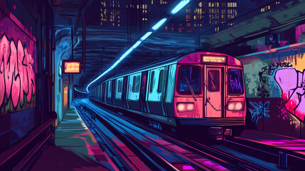 graffiti metro dark station subway train underground transportation tunnel urban lights illustration