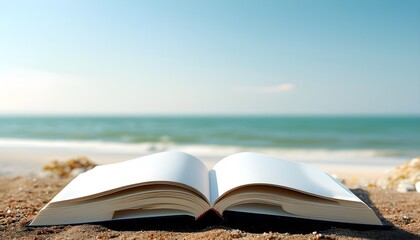 Peaceful beach scene with a white book mockup against a backdrop of sea waves, perfect for vacation reading and leisure moments