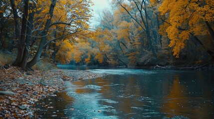 Wall Mural - Colorful fall foliage along a serene riverbank.