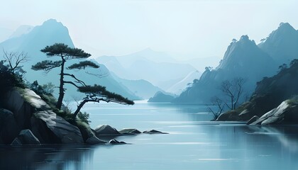 Wall Mural - Tranquil light blue mountain water reflecting serene skies