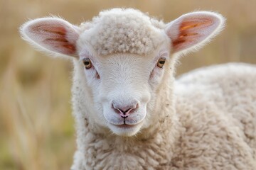 A cute and curious lamb stares directly at the camera, showcasing its fluffy wool and gentle expression in a field.