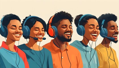 Wall Mural - Celebration of diversity and unity through music featuring people with headphones enjoying their favorite tunes and podcasts