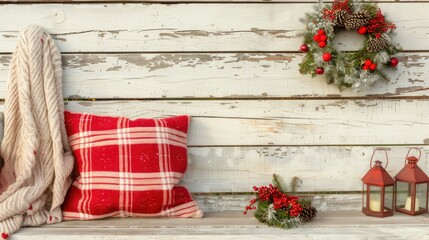 Poster - Rustic Christmas porch decor with red and white plaid pillows, lanterns, wreaths