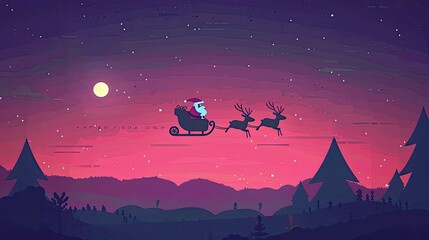 Poster - Santa Claus flying in his sleigh with three reindeer across the sky