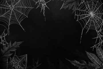 Wall Mural - Black background, with spider webs hanging in the corners of an empty black canvas, white ink on paper Halloween decoration Generative AI