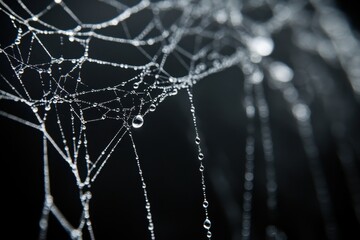 Wall Mural - A black background with white spider webs hanging from the top left corner, with large drops of water falling down in an isolated position Generative AI