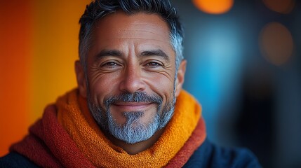 Wall Mural - A smiling middle-aged man with a salt and pepper beard and a scarf on a colorful background.