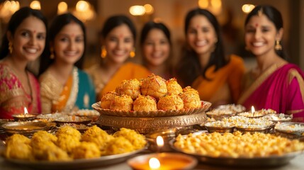 Wall Mural - group of people from india celebrate in house with delicious indian dessert on plate on a table celebration Diwali