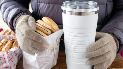 Sticker - A woman wearing winter gloves is holding an oversized white tumbler with a lid and handle 