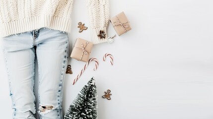 Canvas Print - candy canes, and gingerbread man ornaments on top of an ivory knitted sweater with  jeans