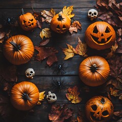 Creepy Halloween pumpkin-shaped cookies with an evil face and eyes on a black wooden table with candles. Flat lies. Mockup with empty space for halloween style product.