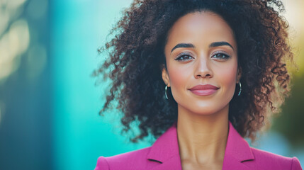 Sticker - Young woman with curly hair smiling.