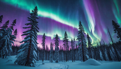 Wall Mural - Aurora Borealis over snowy forest