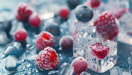 Wall Mural - Ice cubes with berries on table, closeup