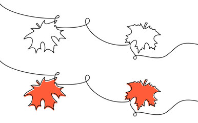 vector illustration of maple leaves in continuous line art, featuring black outlines and orange acce