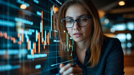 A focused businesswoman analyzing financial data on digital screen, showcasing her expertise in profit growth and market trends. Her concentration reflects importance of data driven decisions