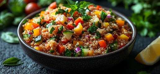 Close up of a bowl of quinoa salad with fresh vegetables and herbs.