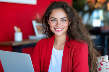 A young woman with long, curly brunette hair is smiling while sitting at table with laptop. She is wearing red cardigan and appears cheerful in cozy indoor setting