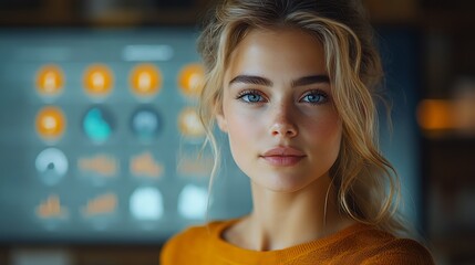 Wall Mural - Portrait of a young woman with blonde hair and blue eyes looking directly at the camera.