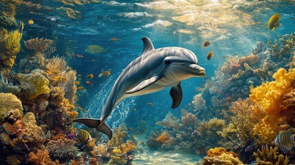 A captivating underwater view of a dolphin gliding smoothly through a school of fish, with vibrant coral reefs and sea life in the background.