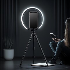 Wall Mural - Woman using a ring light to film a video on her smartphone.