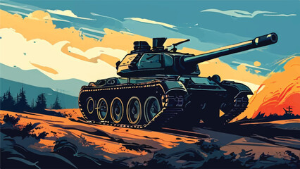 Wall Mural - Military tank. A Battlefield Landscape with war machine tank. A combat tank. Battle-tank. War machine. Tank Vector Illustration. 