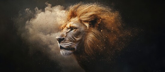 Portrait of a lion in a cloud of dust. Wild animal.