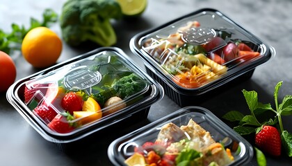 Wall Mural - Sleek black plastic food packaging tray with transparent cover for versatile mockup design