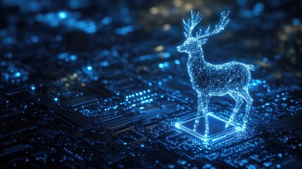 Wall Mural - a digital deer, made of glowing blue lines, stands on a computer chip.
