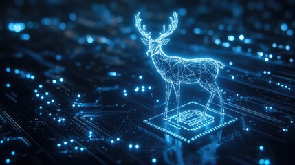 A digital deer stands on a glowing computer chip.