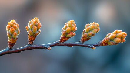 Close-up of spring buds on a branch, showcasing fresh growth and nature's beauty in a serene, blurred background.