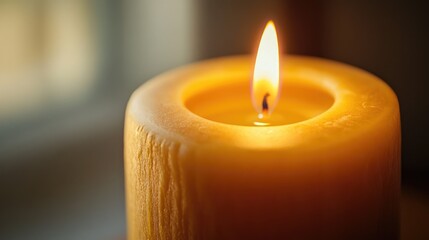 A close-up of a lit candle with a soft, warm glow, casting gentle light and creating a cozy, intimate atmosphere.