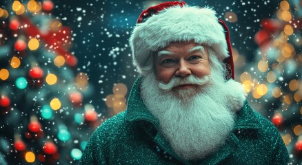 Santa Claus smiles cheerfully in a snowy festive market with holiday decorations at dusk