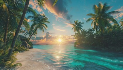 Tropical beach sunset with palm trees and calm ocean

