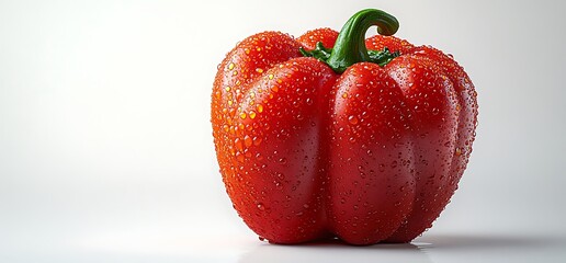 Single red bell pepper with water droplets on white background.