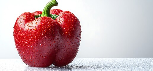 A single red bell pepper covered in water droplets, isolated on a white background.