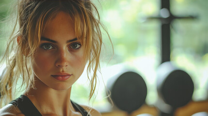 Wall Mural - Young woman with blonde hair in a gym, looking at the camera.