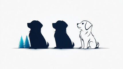 Poster - Three dog silhouettes, two black and one white, sitting in a row.