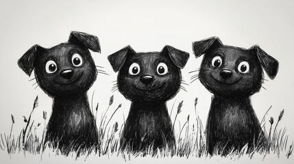 Poster - Three black cartoon dogs looking up with happy expressions.