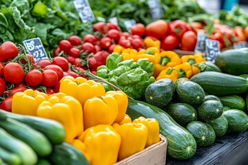 A close-up of fresh vegetables at a farmerâ€™s market, with vibrant colors and a variety of organic produce