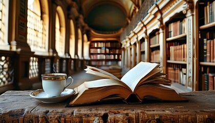 Cozy reading nook with an open book and steaming coffee in an inviting vintage library